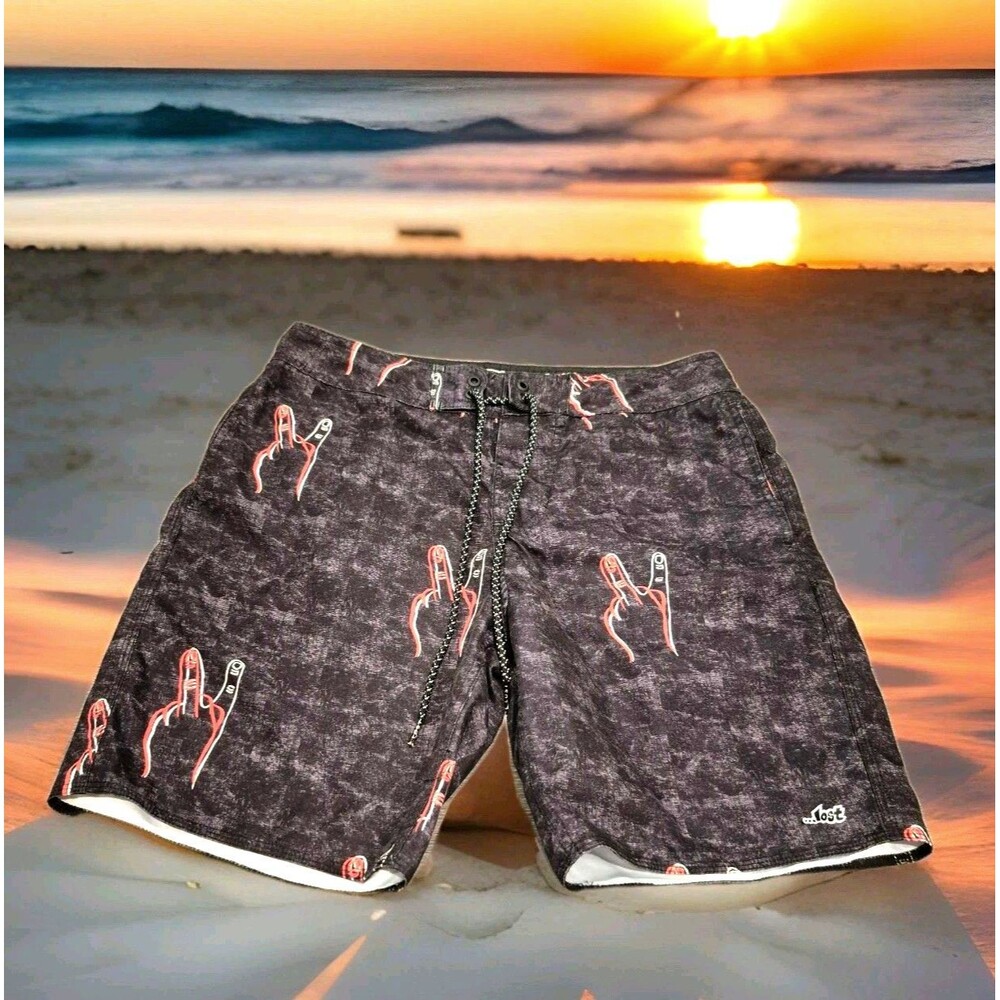 Rare Lost Men's Sz 31 Give The Finger AllOver Print Boardshorts Swim Trunks Gray